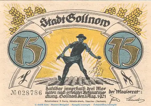 Notgeld Gollnow Glockensage 453.4 , 75 Pfennig Schein Nr.5 in kfr. von 1921 , Pommern Seriennotgeld