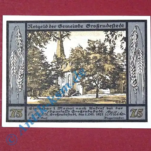 Notgeld Großrudestedt , Schloßvippach , Einzelschein 75 Pfennig , Seriennotgeld , 485.1  , von 1921