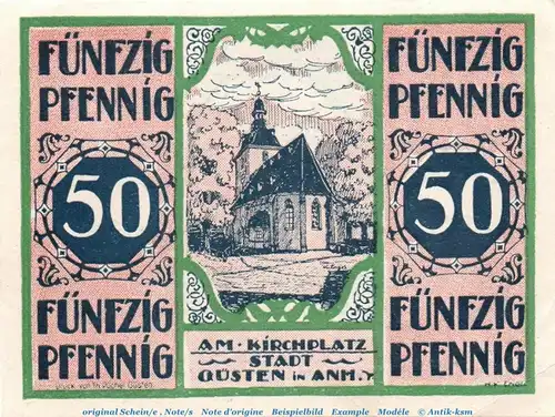 Notgeld Stadt Güsten 494.1 , 50 Pfennig Schein Nr. 4 in kfr. von 1921 , Sachsen Anhalt Seriennotgeld