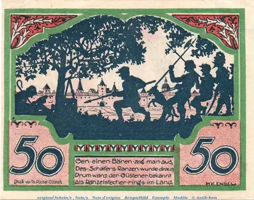 Notgeld Stadt Güsten 494.1 , 50 Pfennig Schein Nr. 1 in kfr. von 1921 , Sachsen Anhalt Seriennotgeld