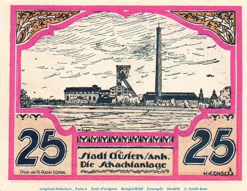 Notgeld Stadt Güsten 494.1 , 25 Pfennig Schein Nr. 5 in kfr. von 1921 , Sachsen Anhalt Seriennotgeld