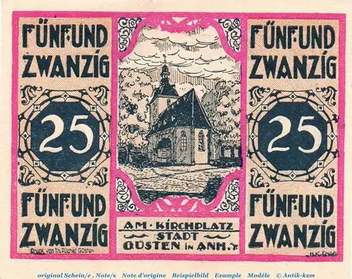 Notgeld Stadt Güsten 494.1 , 25 Pfennig Schein Nr. 4 in kfr. von 1921 , Sachsen Anhalt Seriennotgeld