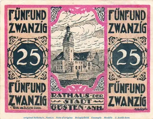 Notgeld Stadt Güsten 494.1 , 25 Pfennig Schein Nr. 2 in kfr. von 1921 , Sachsen Anhalt Seriennotgeld