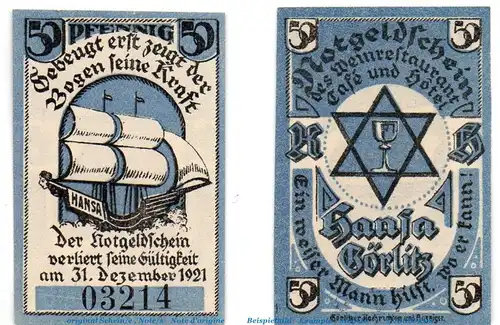 Notgeld Görlitz Hotel Cafe Hansa 450.1 , 50 Pfennig Schein in kfr. von 1921 , Schlesien Seriennotgeld