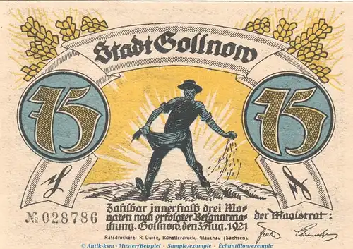 Notgeld Gollnower Husar 453.5 , 75 Pfennig Schein Nr.6 in kfr. von 1921 , Pommern Seriennotgeld