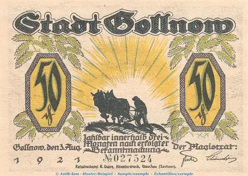 Notgeld Gollnow Glockensage 453.4 , 50 Pfennig Schein Nr.3 in kfr. von 1921 , Pommern Seriennotgeld