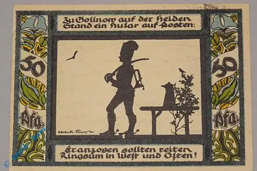 Notgeld Gollnow , Husar , 50 Pfennig Schein Nr 1 , Mehl Grabowski 453.5 , von 1921 , Pommern Seriennotgeld