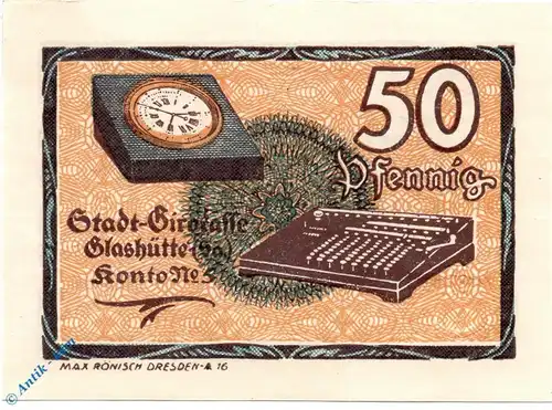Notgeld Glashütte , 50 Pfennig Schein Nr. 4 , Mehl Grabowski 430.1 , von 1921 , Sachsen Seriennotgeld