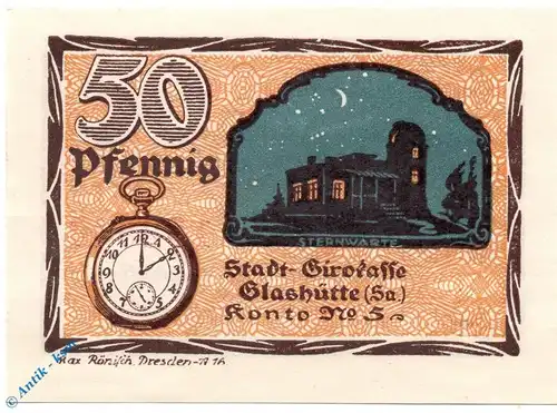 Notgeld Glashütte , 50 Pfennig Schein Nr. 1 , Mehl Grabowski 430.1 , von 1921 , Sachsen Seriennotgeld