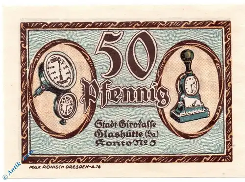 Notgeld Glashütte , 50 Pfennig Schein Nr. 6 , Mehl Grabowski 430.1 , von 1921 , Sachsen Seriennotgeld