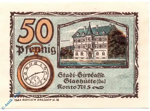 Notgeld Glashütte , 50 Pfennig Schein Nr. 2 , Mehl Grabowski 430.1 , von 1921 , Sachsen Seriennotgeld