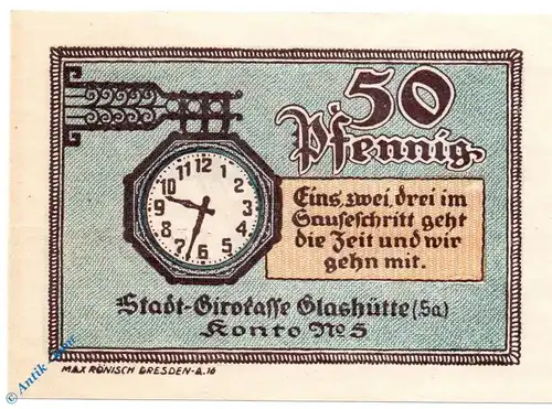 Notgeld Glashütte , 50 Pfennig Schein Nr. 5 , Mehl Grabowski 430.1 , von 1921 , Sachsen Seriennotgeld