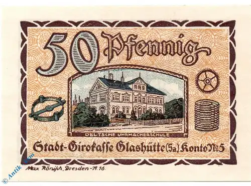 Notgeld Glashütte , 50 Pfennig Schein Nr. 3 , Mehl Grabowski 430.1 , von 1921 , Sachsen Seriennotgeld