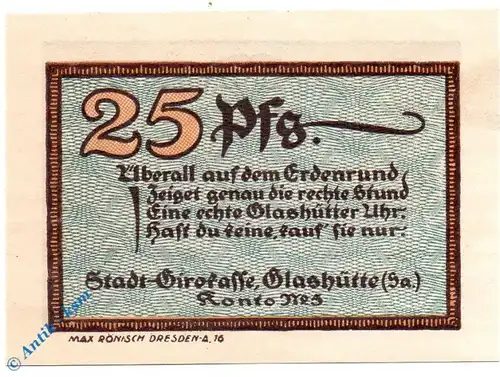 Notgeld Glashütte , 25 Pfennig Schein Nr. 5 , Mehl Grabowski 430.1 , von 1921 , Sachsen Seriennotgeld