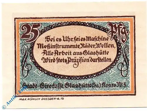 Notgeld Glashütte , 25 Pfennig Schein Nr. 3 , Mehl Grabowski 430.1 , von 1921 , Sachsen Seriennotgeld