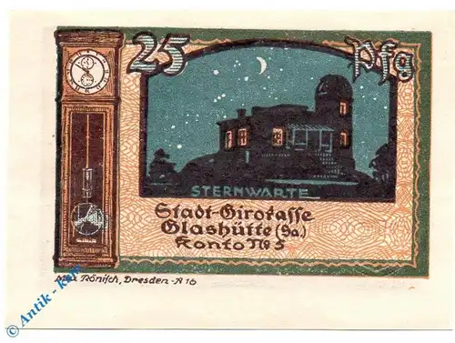 Notgeld Stadt Glashütte 430.1 , 25 Pfennig Schein Nr. 1 in kfr. von 1921 , Sachsen Seriennotgeld