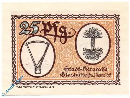 Notgeld Glashütte , 25 Pfennig Schein Nr. 6 , Mehl Grabowski 430.1 , von 1921 , Sachsen Seriennotgeld