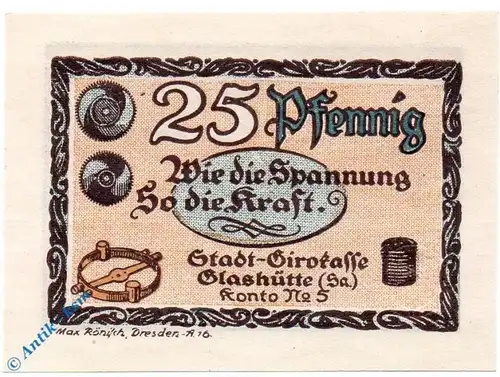 Notgeld Stadt Glashütte 430.1 , 25 Pfennig Schein Nr. 2 in kfr. von 1921 , Sachsen Seriennotgeld