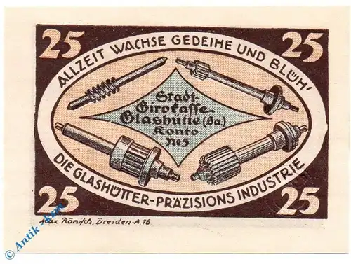 Notgeld Glashütte , 25 Pfennig Schein Nr. 4 , Mehl Grabowski 430.1 , von 1921 , Sachsen Seriennotgeld