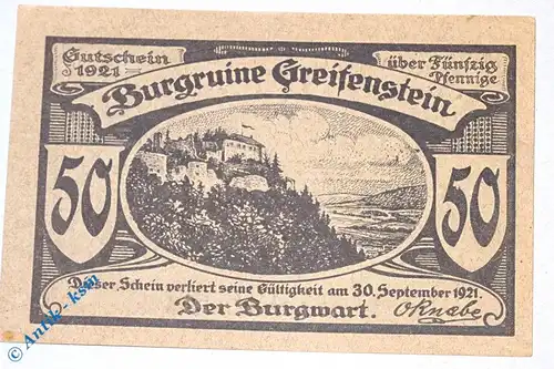 Notgeld Greifenstein , 50 Pfennig Schein Nr 6 , Mehl Grabowski 469.1 , Thüringen Seriennotgeld