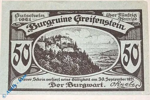 Notgeld Greifenstein , 50 Pfennig Schein Nr 3 , Mehl Grabowski 469.1 , Thüringen Seriennotgeld