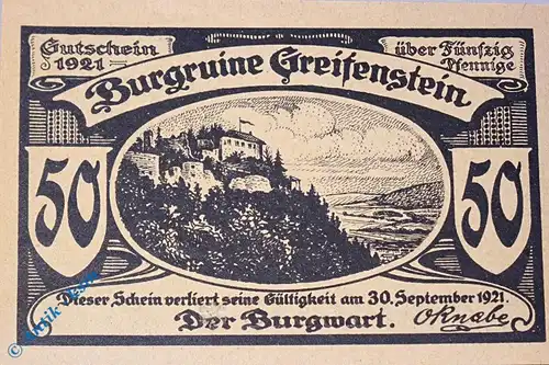 Notgeld Greifenstein , 50 Pfennig Schein Nr 4 , Mehl Grabowski 469.1 , Thüringen Seriennotgeld