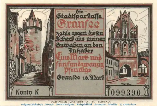 Notgeld Stadtsparkasse Gransee 465.2.a , 1,25 Mark Schein mit Wz. in kfr. o.D.  Brandenburg Seriennotgeld