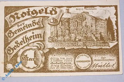 Notgeld Godelheim , 1 Mark Schein braun , Mehl Grabowski 446.1 b , von 1921 , Westfalen Seriennotgeld