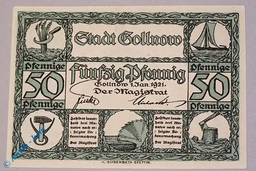 Notgeld Gollnow , 50 Pfennig Schein blaugrün , Mehl Grabowski 453.1 g , von 1921 , Pommern Seriennotgeld