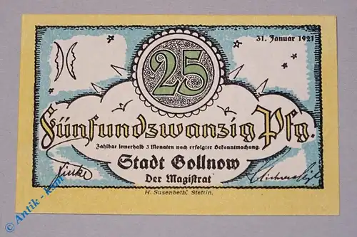 Notgeld Gollnow , 25 Pfennig Schein Nr 3 , Mehl Grabowski 453.2 , von 1921 , Pommern Seriennotgeld