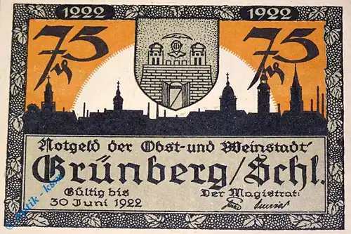 Notgeld Grünberg , 75 Pfennig Schein ohne Druckfirma , Mehl Grabowski 489.5 b , von 1922 , Schlesien Seriennotgeld