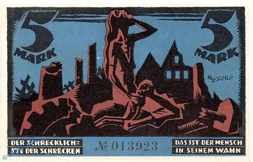 Notgeld Glauchau , 5 Mark Schein in kfr. Mehl Grabowski 435.1 , von 1921 , Sachsen Seriennotgeld