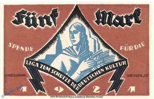 Notgeld Glauchau , 5 Mark Schein in kfr. Mehl Grabowski 435.1 , von 1921 , Sachsen Seriennotgeld