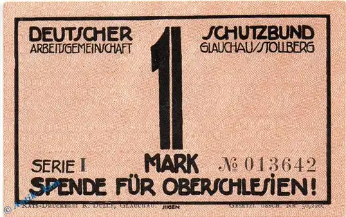 Notgeld Glauchau Stollberg , 1 Mark Schein Nr 3 , Mehl Grabowski 433.1 , Sachsen Seriennotgeld