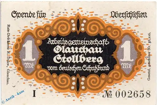 Notgeld Glauchau Stollberg , 1 Mark Schein Nr 2 in kfr. Mehl Grabowski 433.1 , Sachsen Seriennotgeld