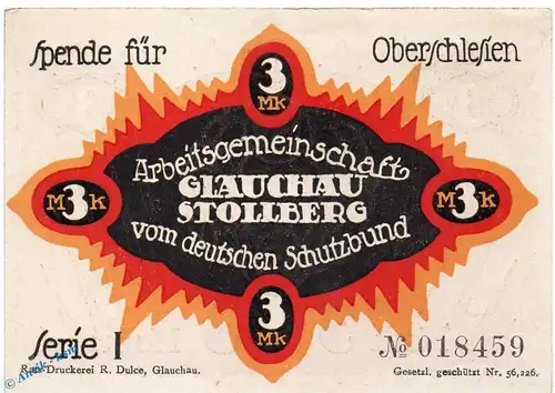 Notgeld Glauchau Stollberg , 3 Mark Schein Nr 1 in kfr. Mehl Grabowski 433.1 , Sachsen Seriennotgeld