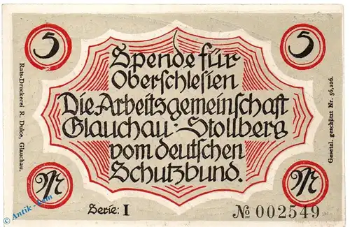 Notgeld Glauchau Stollberg , 5 Mark Schein Nr 2 , Mehl Grabowski 433.1 , Sachsen Seriennotgeld