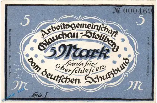 Notgeld Glauchau Stollberg , 5 Mark Schein Nr 1 , Mehl Grabowski 433.1 , Sachsen Seriennotgeld