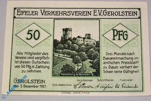 Notgeld Gerolstein , 50 Pfennig Schein Nr 1 , Mehl Grabowski 424.1 , von 1921 , Rheinland Seriennotgeld