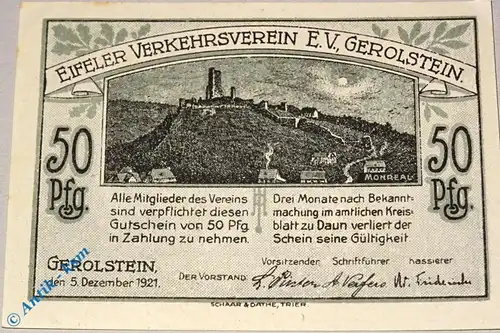 Notgeld Gerolstein , 50 Pfennig Schein Nr 2 , Mehl Grabowski 424.1 , von 1921 , Rheinland Seriennotgeld