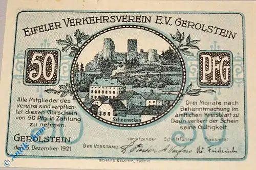 Notgeld Gerolstein , 50 Pfennig Schein Nr 3 , Mehl Grabowski 424.1 , von 1921 , Rheinland Seriennotgeld