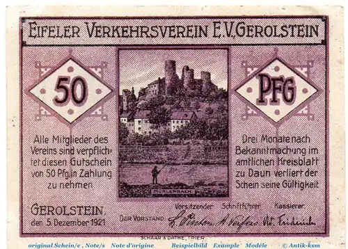 Notgeld Verkehrsverein Gerolstein 424.1 , 50 Pfennig Nr 4 in kfr. von 1921 , Rheinland Seriennotgeld