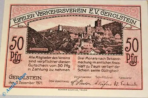 Notgeld Gerolstein , 50 Pfennig Schein Nr 5 , Mehl Grabowski 424.1 , von 1921 , Rheinland Seriennotgeld