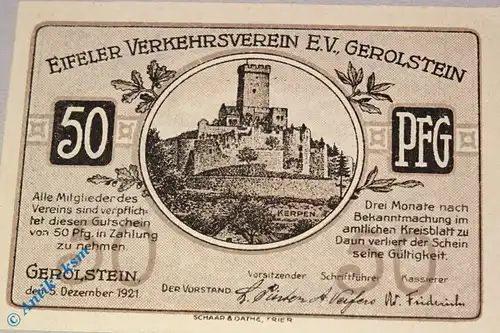 Notgeld Gerolstein , 50 Pfennig Schein Nr 6 , Mehl Grabowski 424.1 , von 1921 , Rheinland Seriennotgeld