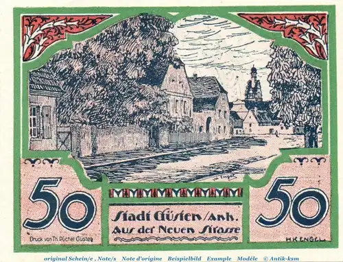 Notgeld Stadt Güsten 494.1 , 50 Pfennig Schein Nr. 3 in kfr. von 1921 , Sachsen Anhalt Seriennotgeld