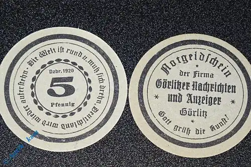 Notgeld Görlitz , Nachrichten & Anzeiger , 5 Pfennig Schein , Mehl Grabowski 449.4 , Schlesien Seriennotgeld