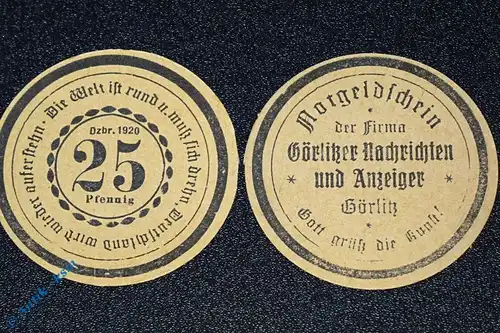 Notgeld Görlitz , Nachrichten & Anzeiger , 25 Pfennig Schein , Mehl Grabowski 449.4 , Schlesien Seriennotgeld