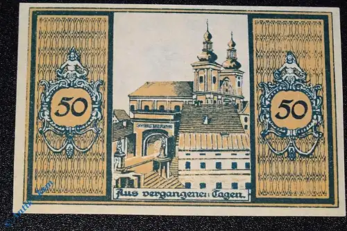 Notgeld Glatz , 50 Pfennig Schein gelb , Kirche , Mehl Grabowski 431.3 , Schlesien Serien Notgeld