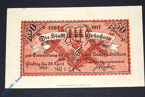 Notgeld Grünhain , 50 Pfennig Schein , Mehl Grabowski 491.1 , von 1917 , Sachsen Serien Notgeld