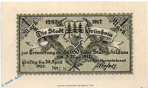 Notgeld Grünhain , 1 Mark Schein in kfr. Mehl Grabowski 491.1 , von 1917 , Sachsen Seriennotgeld